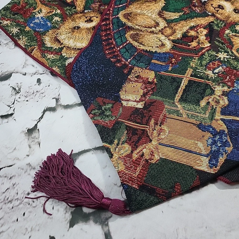 Holiday Table Runner‎ Christmas Presents Teddy Bears 2 Yards Long Woven Tassels